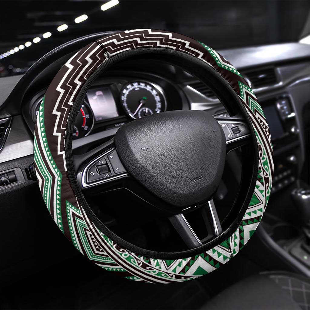 Green Aotearoa Tukutuku and Poutama Motif Steering Wheel Cover