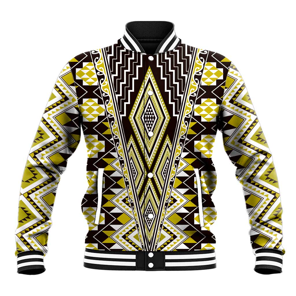 Yellow Aotearoa Tukutuku and Poutama Motif Baseball Jacket LT03 Unisex Yellow - Polynesian Pride