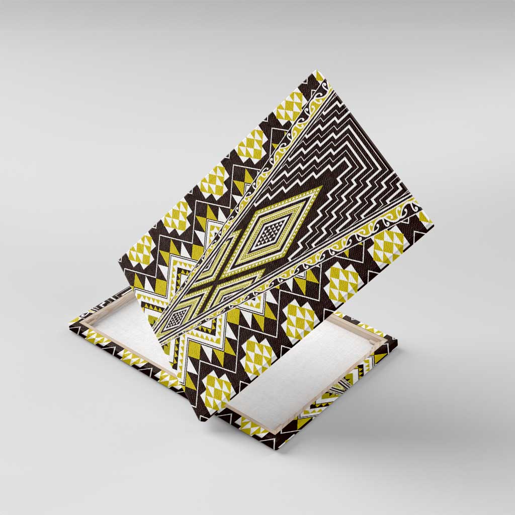 Yellow Aotearoa Tukutuku and Poutama Motif Canvas Wall Art LT03 With Frame Yellow - Polynesian Pride