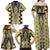 Yellow Aotearoa Tukutuku and Poutama Motif Family Matching Off Shoulder Maxi Dress and Hawaiian Shirt