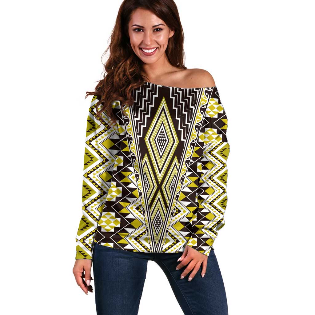 Yellow Aotearoa Tukutuku and Poutama Motif Off Shoulder Sweater LT03 Women Yellow - Polynesian Pride