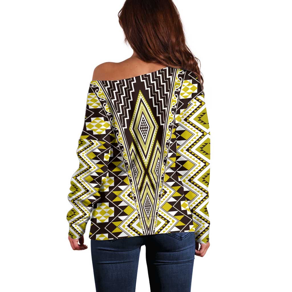 Yellow Aotearoa Tukutuku and Poutama Motif Off Shoulder Sweater LT03 - Polynesian Pride