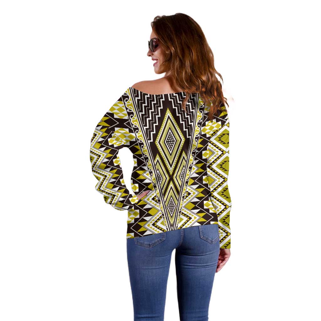 Yellow Aotearoa Tukutuku and Poutama Motif Off Shoulder Sweater LT03 - Polynesian Pride