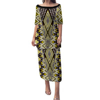 Yellow Aotearoa Tukutuku and Poutama Motif Puletasi LT03 Long Dress Yellow - Polynesian Pride