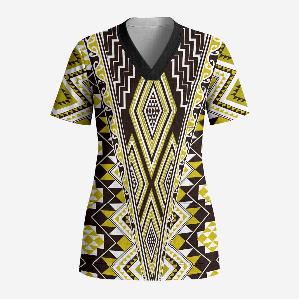Yellow Aotearoa Tukutuku and Poutama Motif Scrub Top LT03 Adult Yellow - Polynesian Pride