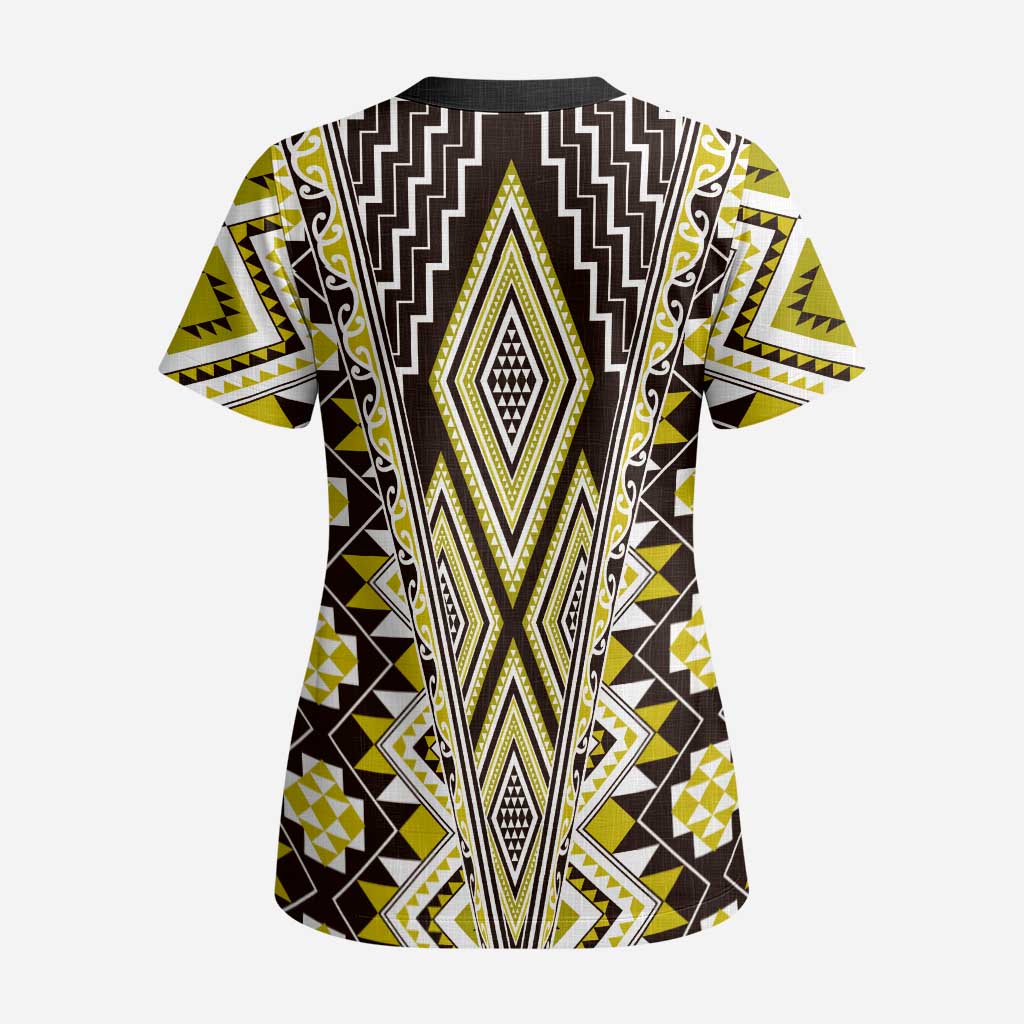 Yellow Aotearoa Tukutuku and Poutama Motif Scrub Top LT03 - Polynesian Pride