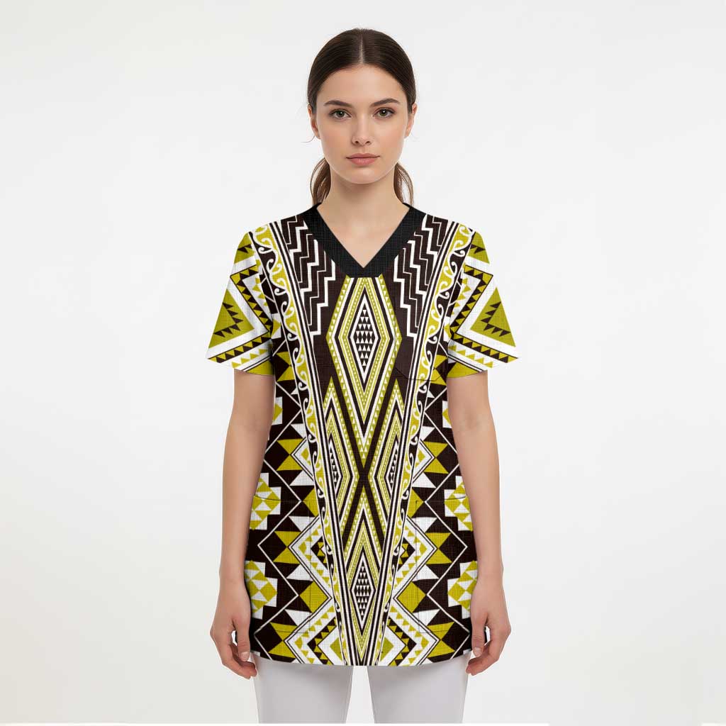 Yellow Aotearoa Tukutuku and Poutama Motif Scrub Top LT03 - Polynesian Pride