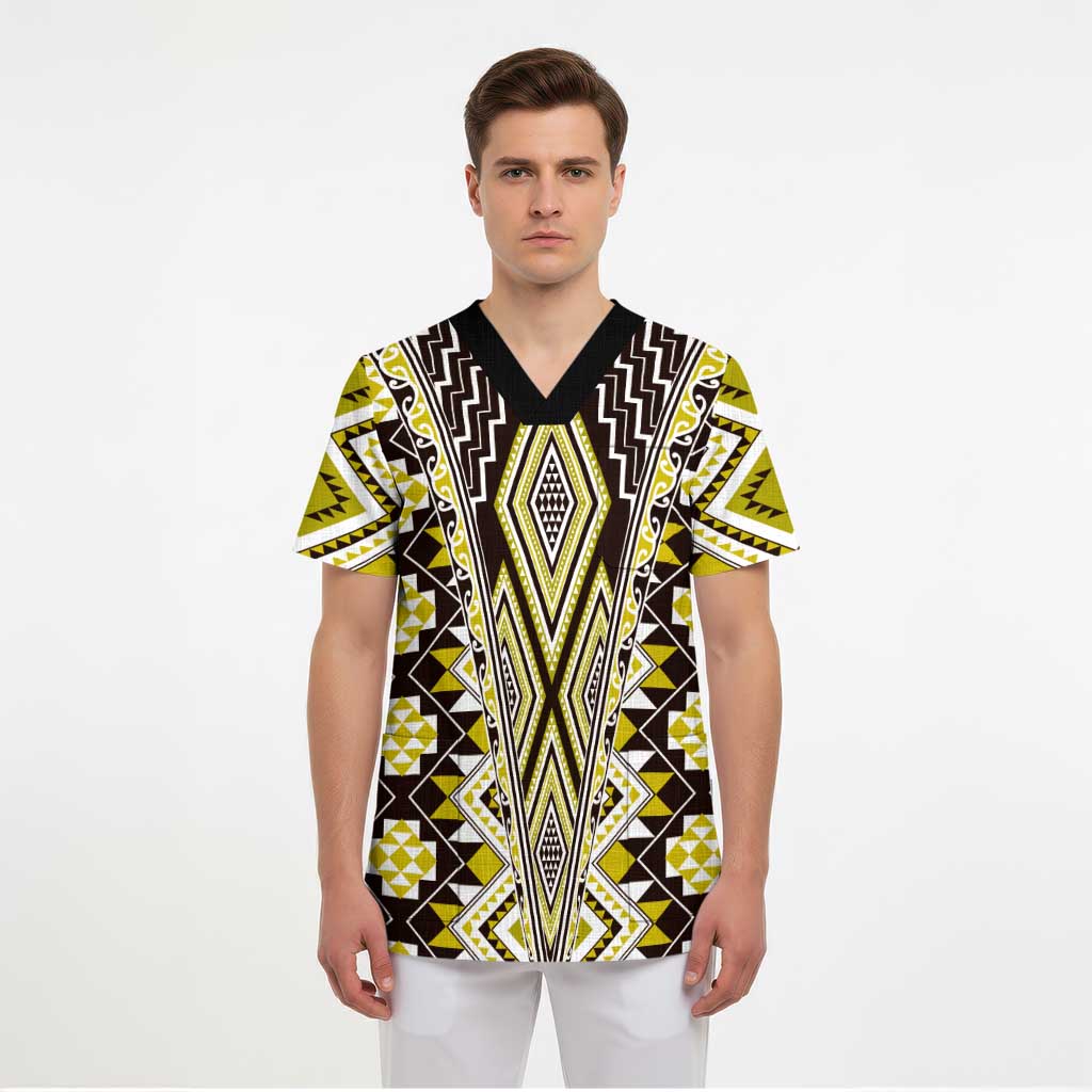 Yellow Aotearoa Tukutuku and Poutama Motif Scrub Top LT03 - Polynesian Pride