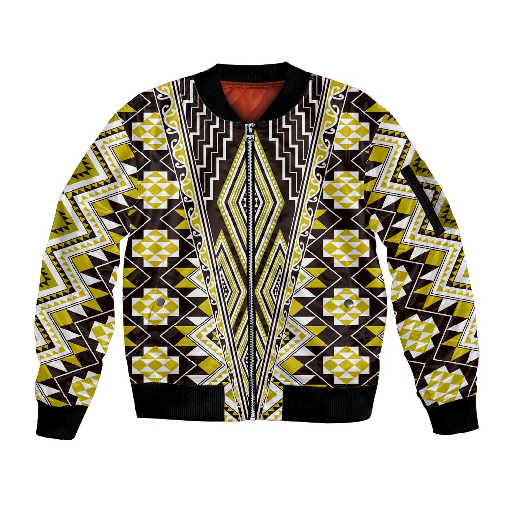 Yellow Aotearoa Tukutuku and Poutama Motif Sleeve Zip Bomber Jacket LT03 Unisex Yellow - Polynesian Pride