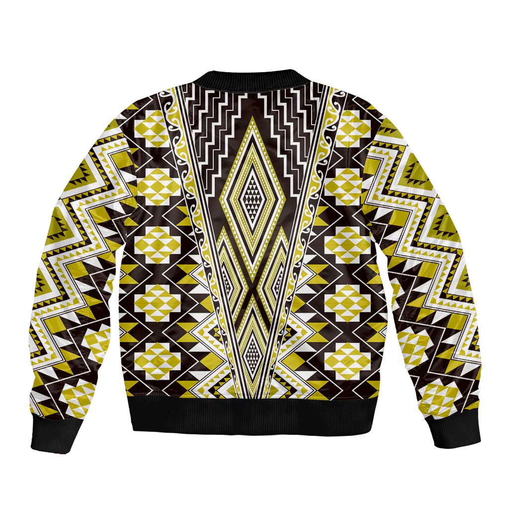 Yellow Aotearoa Tukutuku and Poutama Motif Sleeve Zip Bomber Jacket LT03 - Polynesian Pride