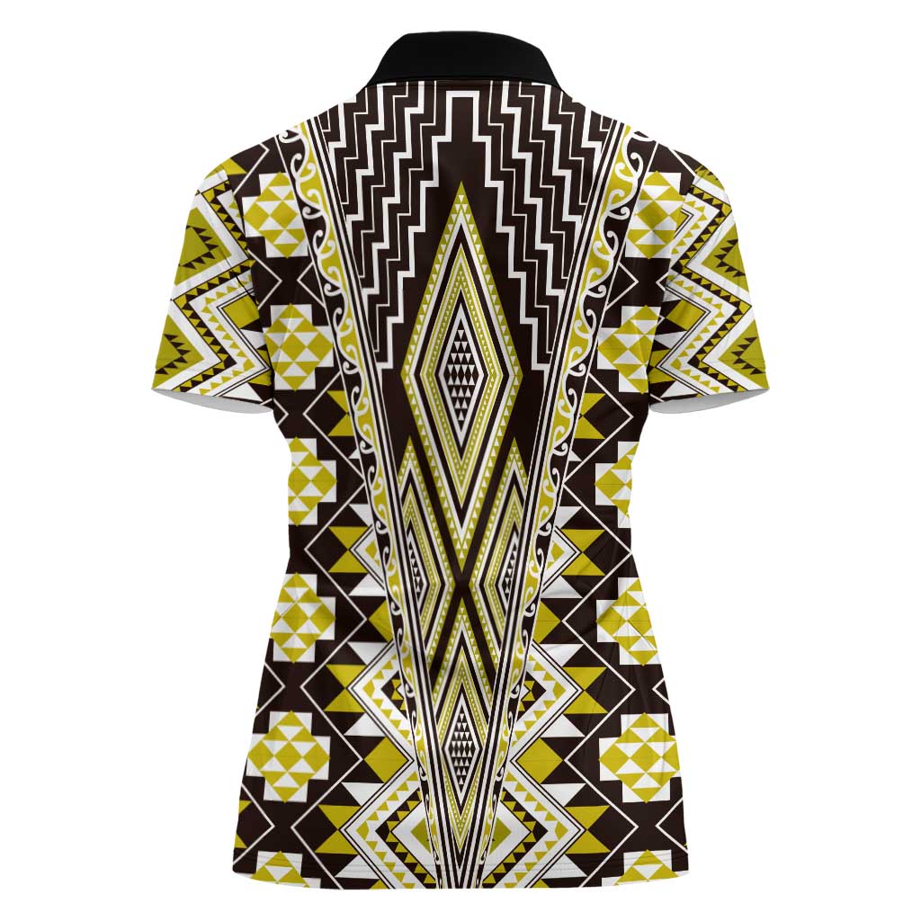 Yellow Aotearoa Tukutuku and Poutama Motif Women Polo Shirt LT03 - Polynesian Pride