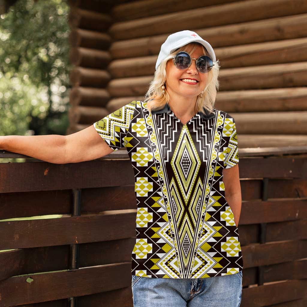Yellow Aotearoa Tukutuku and Poutama Motif Women Polo Shirt LT03 - Polynesian Pride