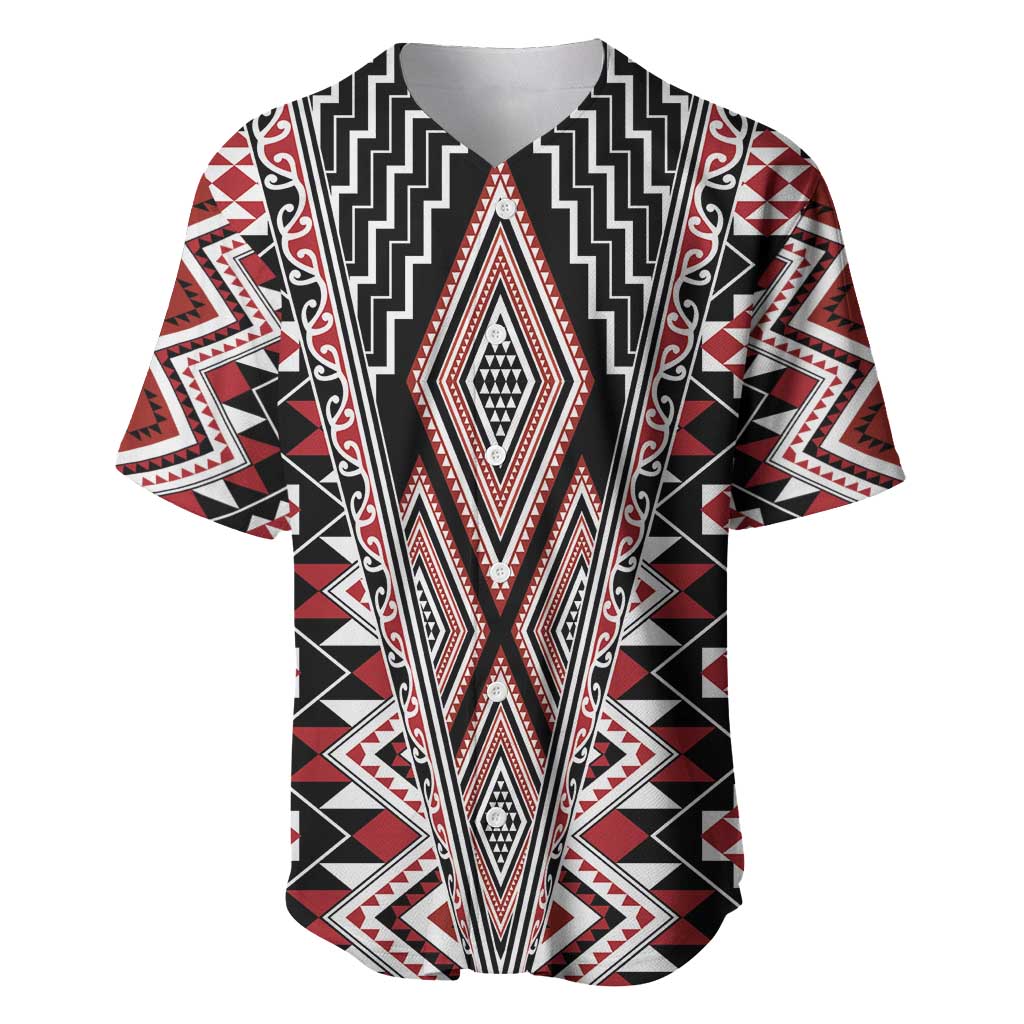 Red Aotearoa Tukutuku and Poutama Motif Baseball Jersey LT03 Red - Polynesian Pride