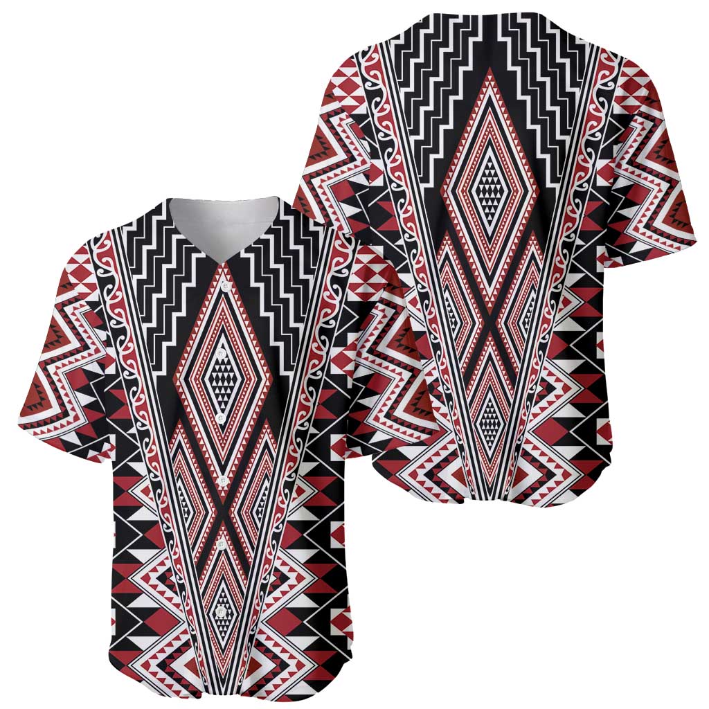 Red Aotearoa Tukutuku and Poutama Motif Baseball Jersey LT03 - Polynesian Pride