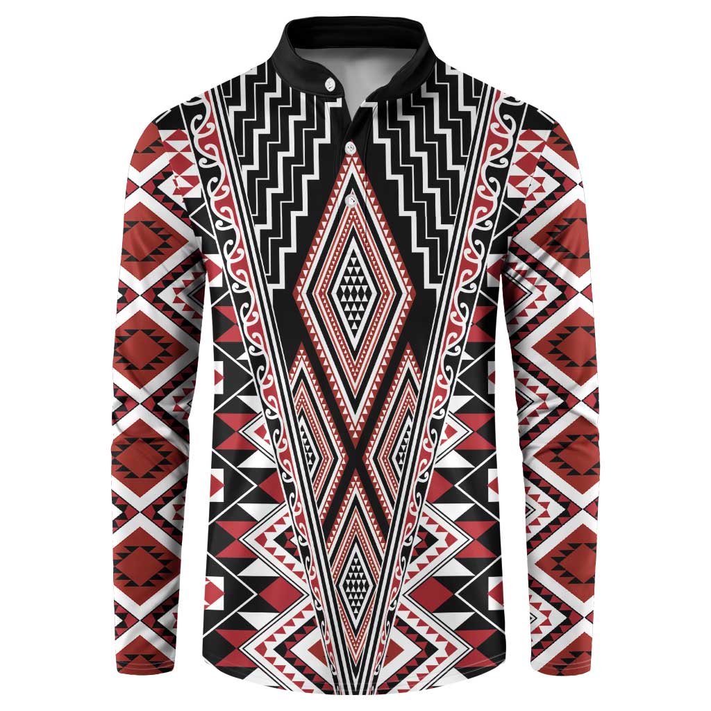 Red Aotearoa Tukutuku and Poutama Motif Button Sweatshirt LT03 Red - Polynesian Pride
