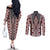 Red Aotearoa Tukutuku and Poutama Motif Couples Matching Off The Shoulder Long Sleeve Dress and Long Sleeve Button Shirt