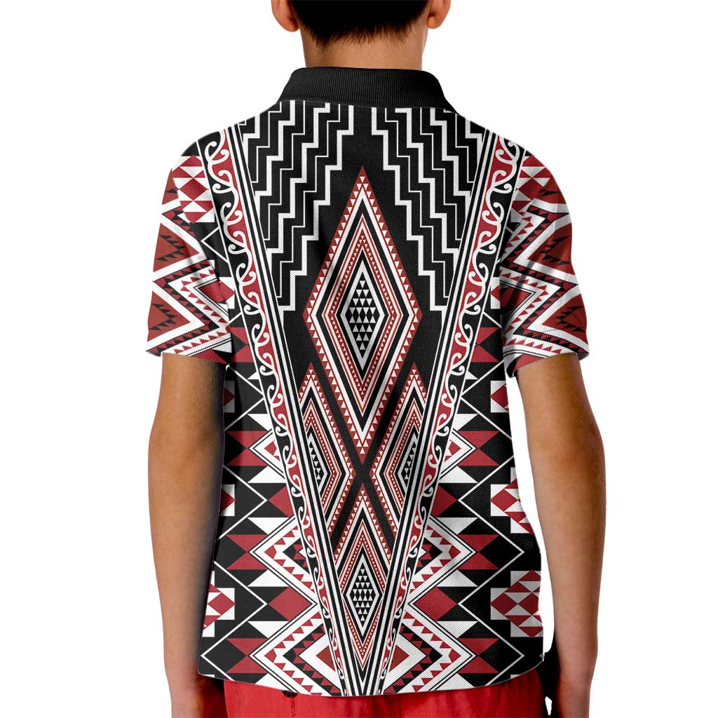 Red Aotearoa Tukutuku and Poutama Motif Kid Polo Shirt LT03 - Polynesian Pride