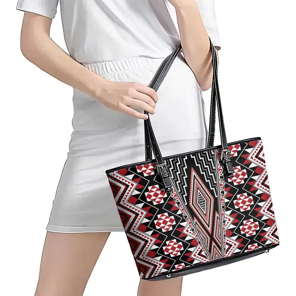 Red Aotearoa Tukutuku and Poutama Motif Leather Tote Bag LT03 - Polynesian Pride