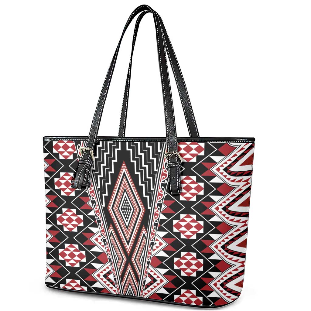 Red Aotearoa Tukutuku and Poutama Motif Leather Tote Bag LT03 - Polynesian Pride
