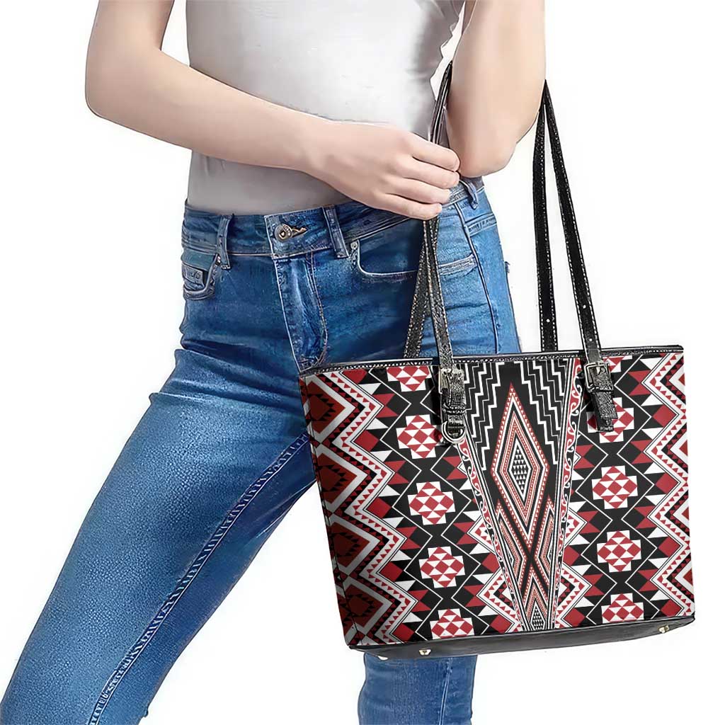 Red Aotearoa Tukutuku and Poutama Motif Leather Tote Bag LT03 - Polynesian Pride