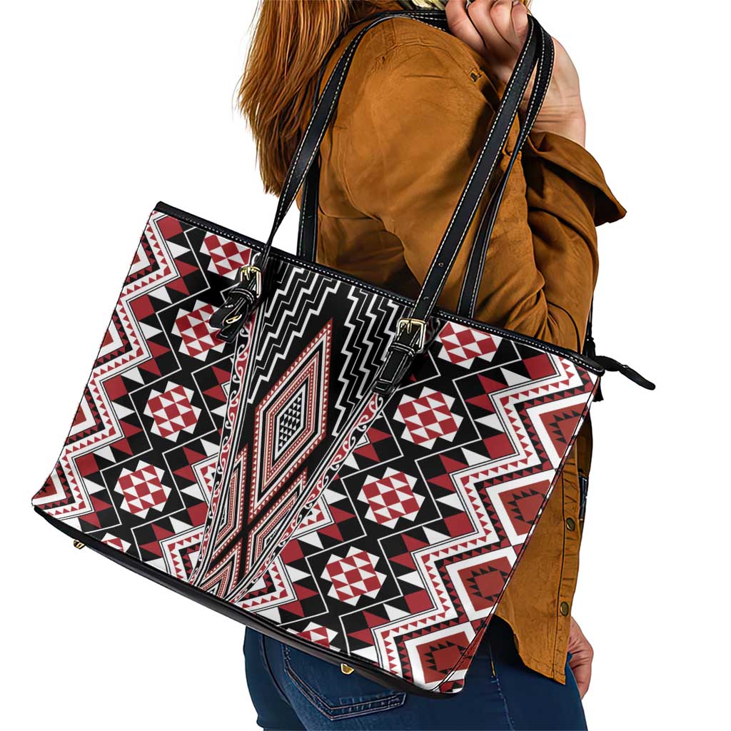 Red Aotearoa Tukutuku and Poutama Motif Leather Tote Bag LT03 - Polynesian Pride