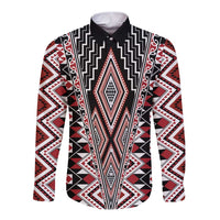 Red Aotearoa Tukutuku and Poutama Motif Long Sleeve Button Shirt LT03 Unisex Red - Polynesian Pride