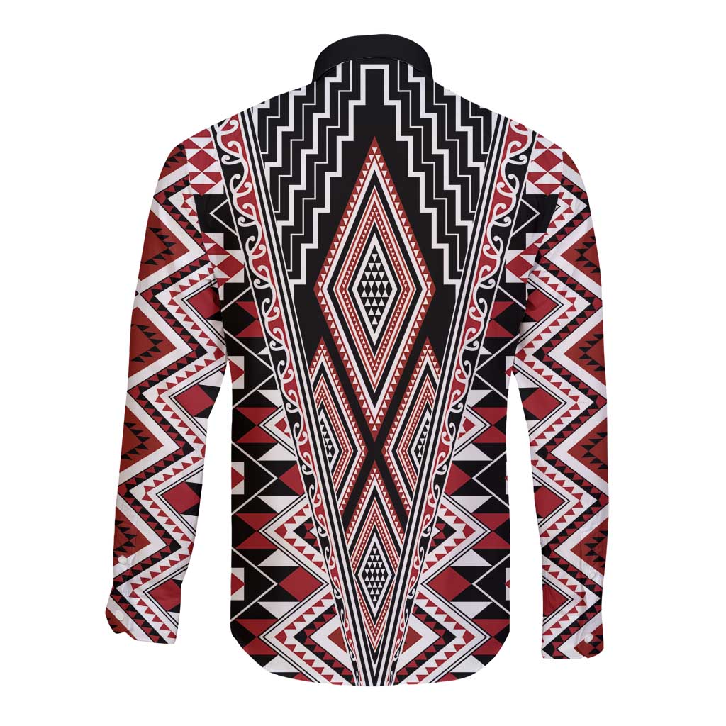 Red Aotearoa Tukutuku and Poutama Motif Long Sleeve Button Shirt LT03 - Polynesian Pride