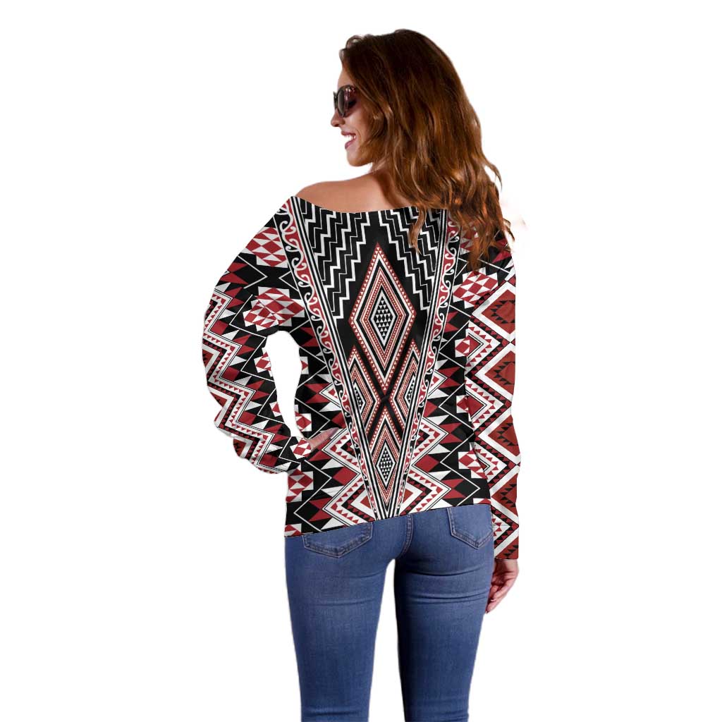 Red Aotearoa Tukutuku and Poutama Motif Off Shoulder Sweater LT03 - Polynesian Pride