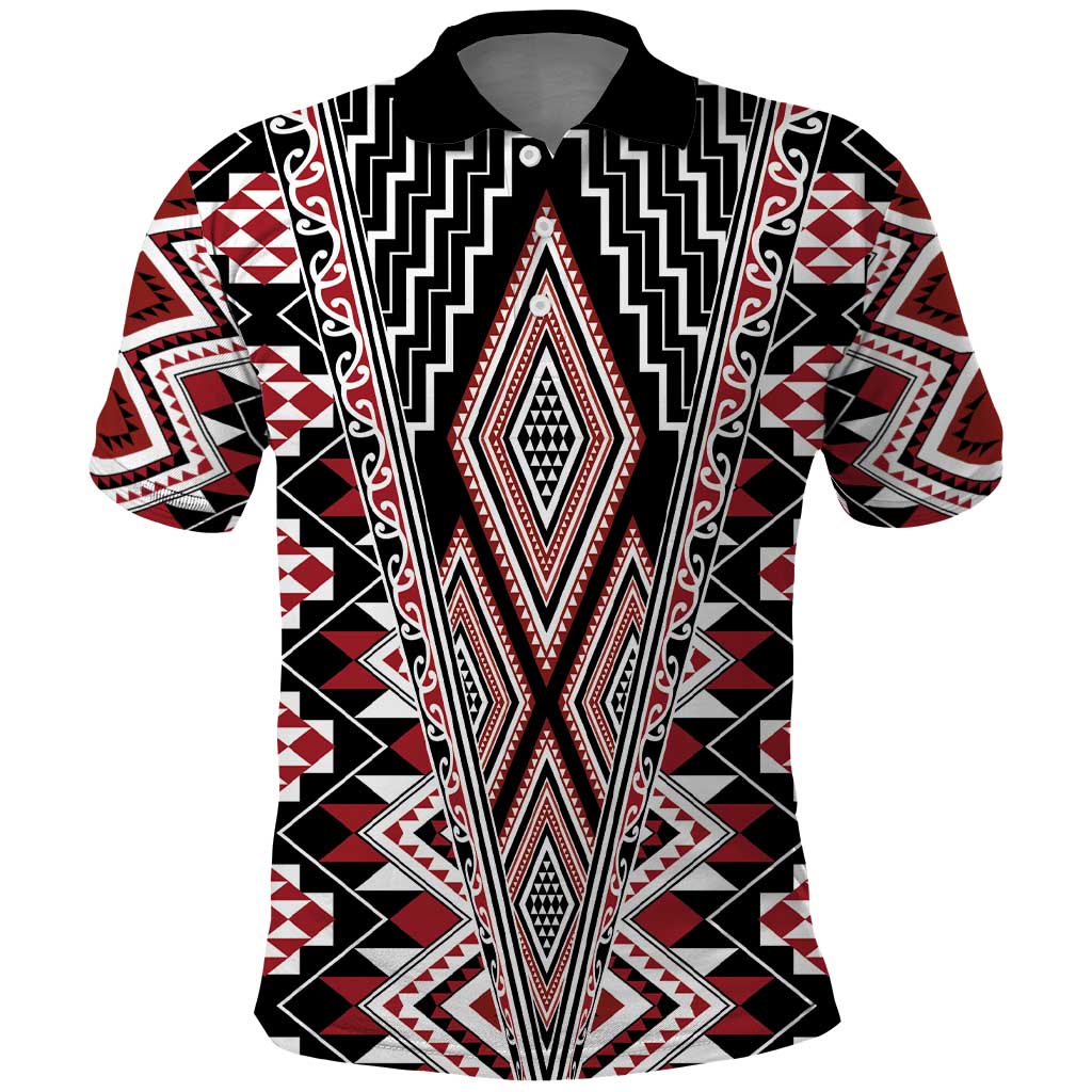 Red Aotearoa Tukutuku and Poutama Motif Polo Shirt LT03 Red - Polynesian Pride
