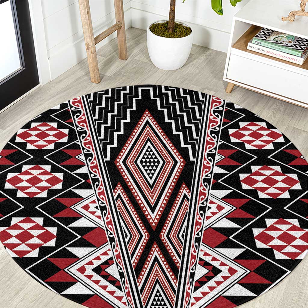 Red Aotearoa Tukutuku and Poutama Motif Round Carpet LT03 Red - Polynesian Pride