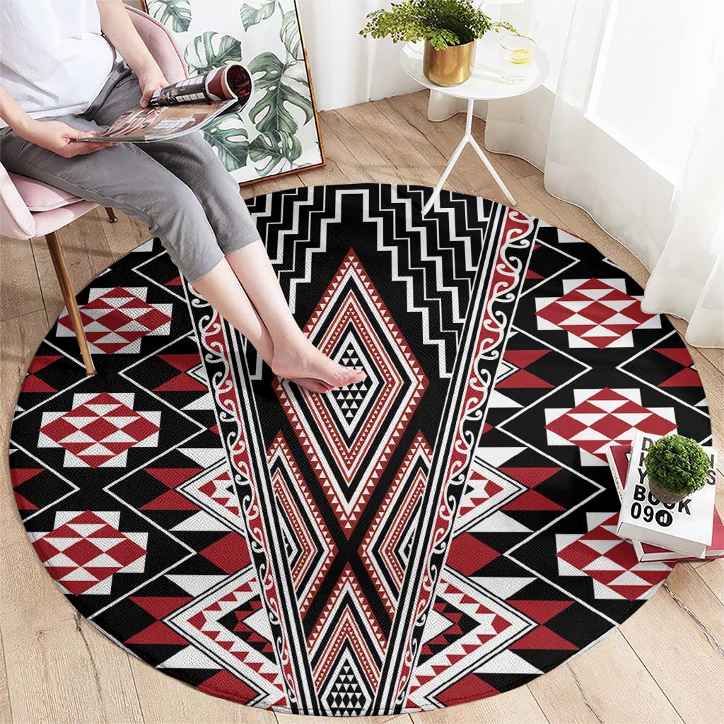 Red Aotearoa Tukutuku and Poutama Motif Round Carpet LT03 - Polynesian Pride