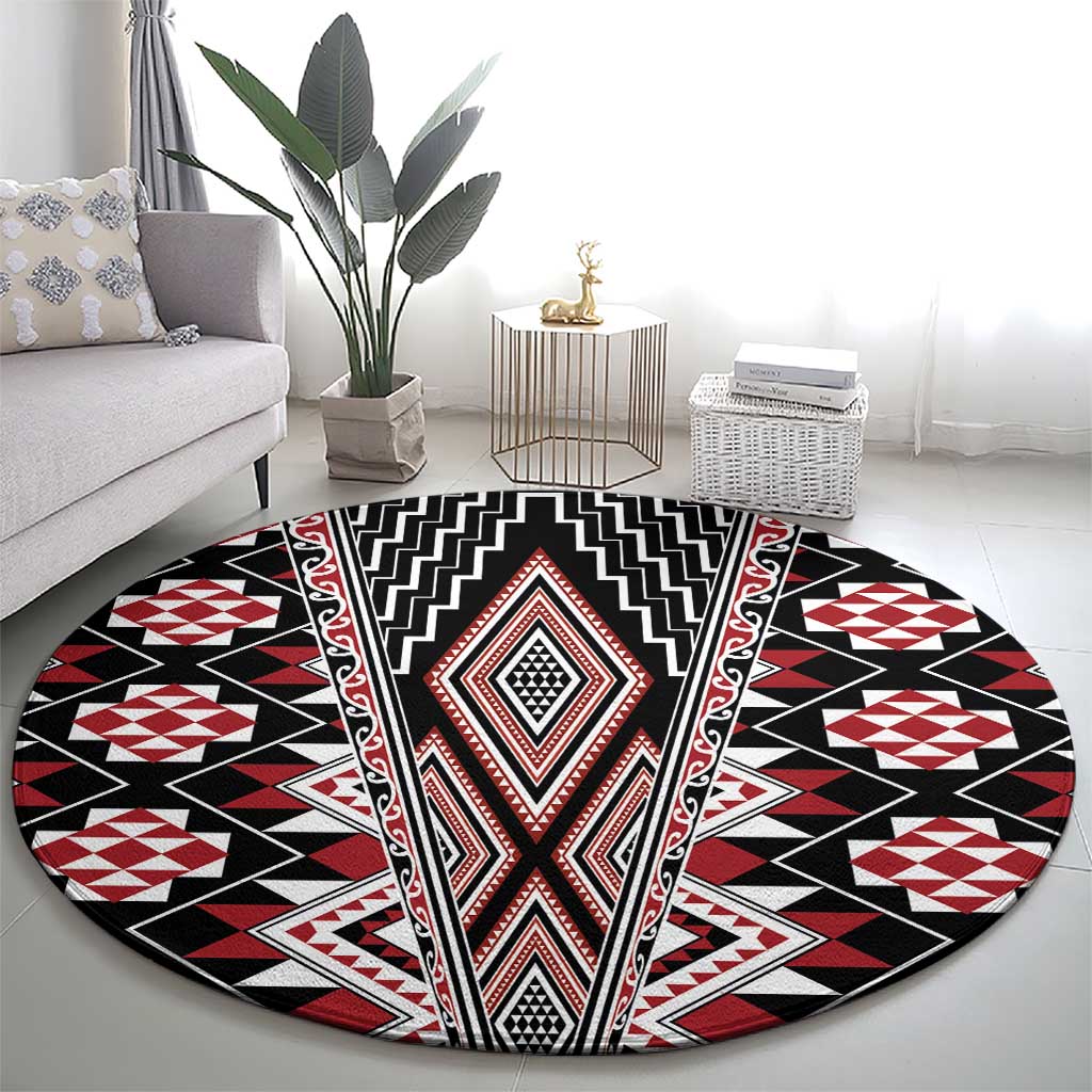 Red Aotearoa Tukutuku and Poutama Motif Round Carpet LT03 - Polynesian Pride