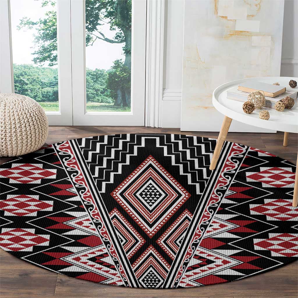 Red Aotearoa Tukutuku and Poutama Motif Round Carpet LT03 - Polynesian Pride