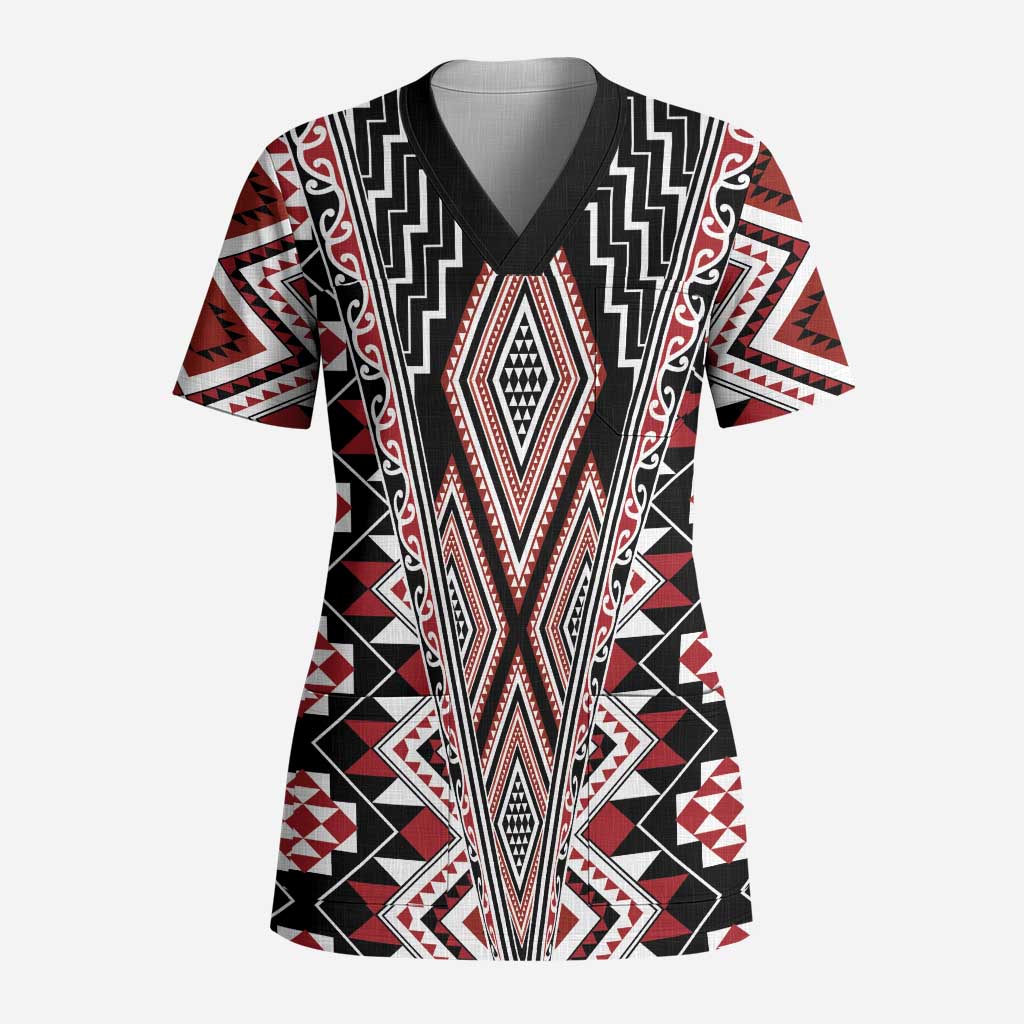 Red Aotearoa Tukutuku and Poutama Motif Scrub Top LT03 Adult Red - Polynesian Pride