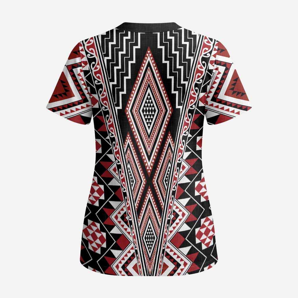 Red Aotearoa Tukutuku and Poutama Motif Scrub Top LT03 - Polynesian Pride