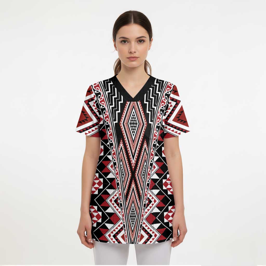 Red Aotearoa Tukutuku and Poutama Motif Scrub Top LT03 - Polynesian Pride