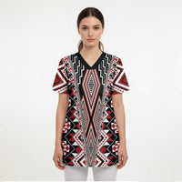 Red Aotearoa Tukutuku and Poutama Motif Scrub Top LT03 - Polynesian Pride