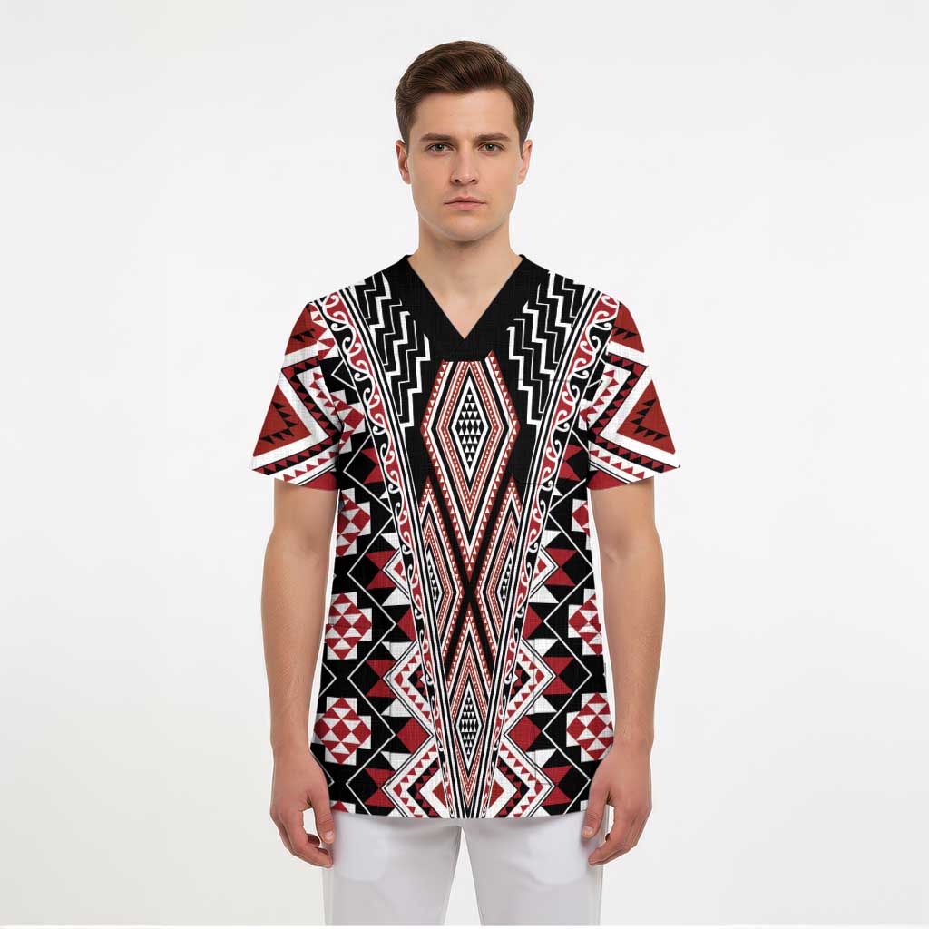 Red Aotearoa Tukutuku and Poutama Motif Scrub Top LT03 - Polynesian Pride