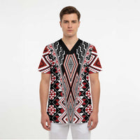 Red Aotearoa Tukutuku and Poutama Motif Scrub Top LT03 - Polynesian Pride