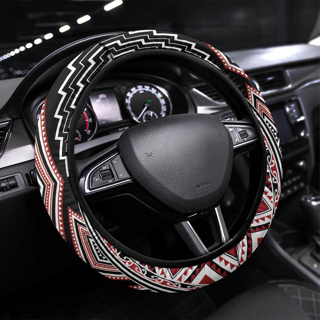 Red Aotearoa Tukutuku and Poutama Motif Steering Wheel Cover