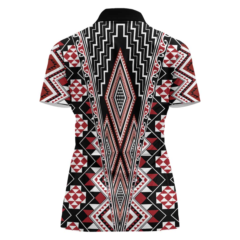 Red Aotearoa Tukutuku and Poutama Motif Women Polo Shirt LT03 - Polynesian Pride