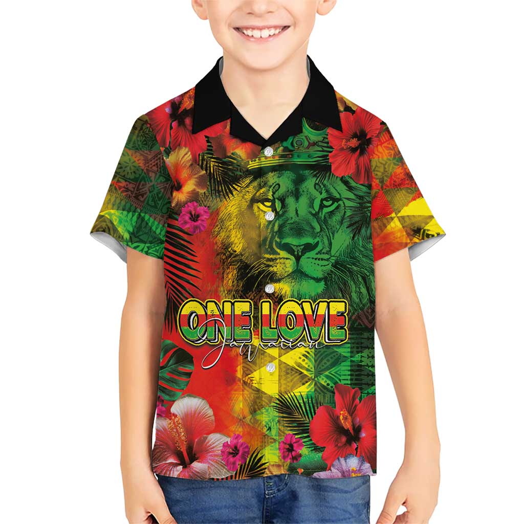Hawaiian Reggae Kid Hawaiian Shirt Tropical Plants and Tribal Kakau Tattoo-One Love Jawaiian LT03 Kid Reggae - Polynesian Pride