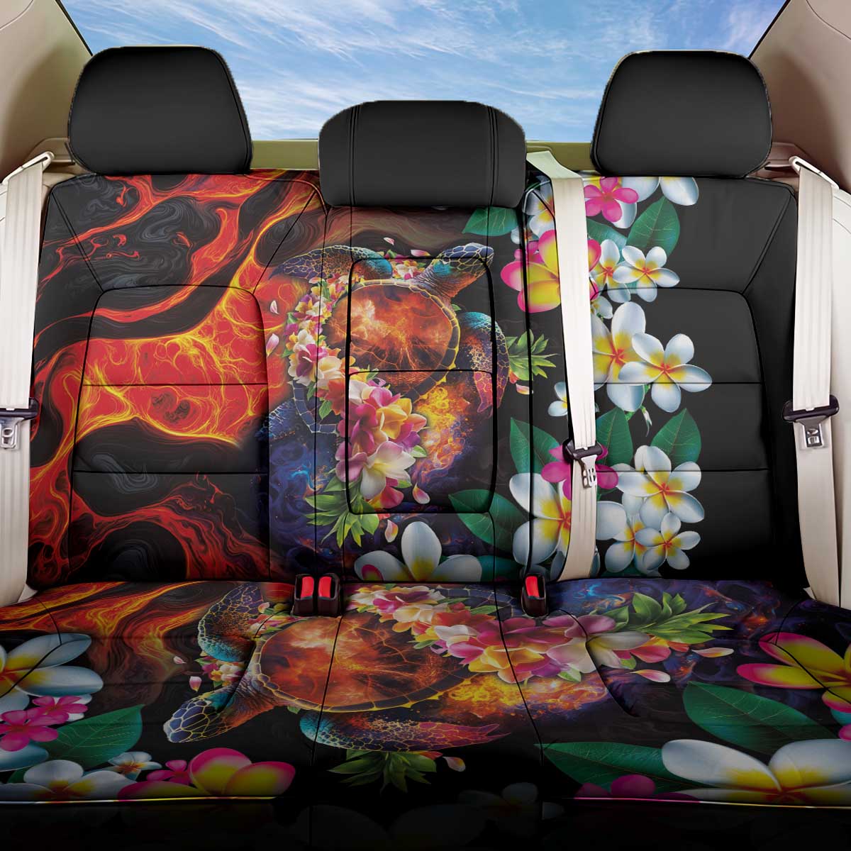 Hawaiian Lei Day Back Car Seat Cover Colorful Plumeria and Volcanic Turtle with Abstract Lava Texture LT03 One Size Black - Polynesian Pride
