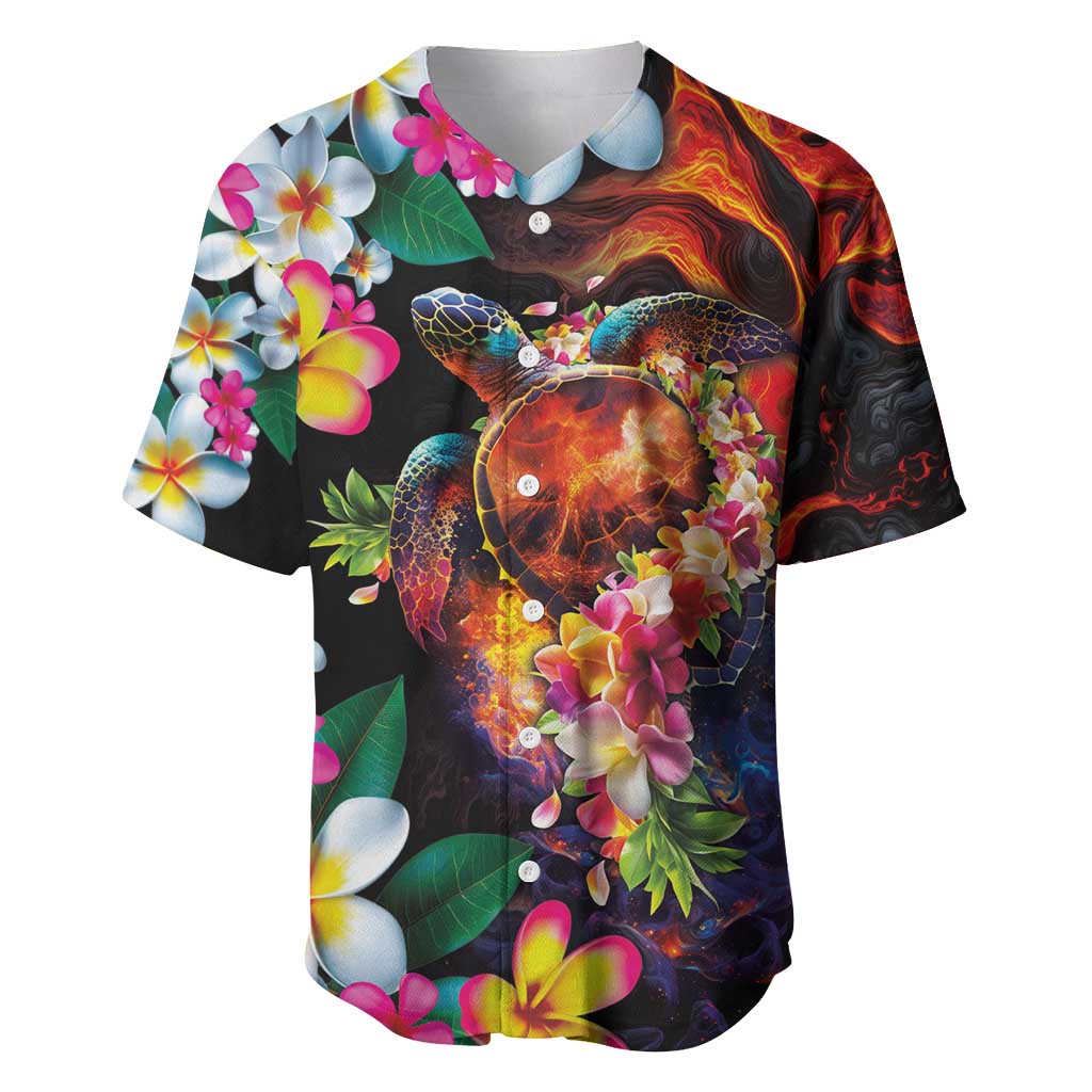 Hawaiian Lei Day Baseball Jersey Colorful Plumeria and Volcanic Turtle with Abstract Lava Texture LT03 Black - Polynesian Pride