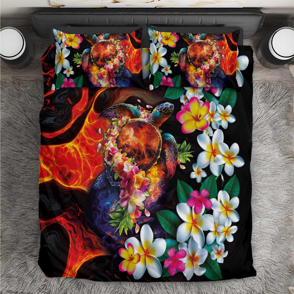 Hawaiian Lei Day Bedding Set Colorful Plumeria and Volcanic Turtle with Abstract Lava Texture LT03 Black - Polynesian Pride