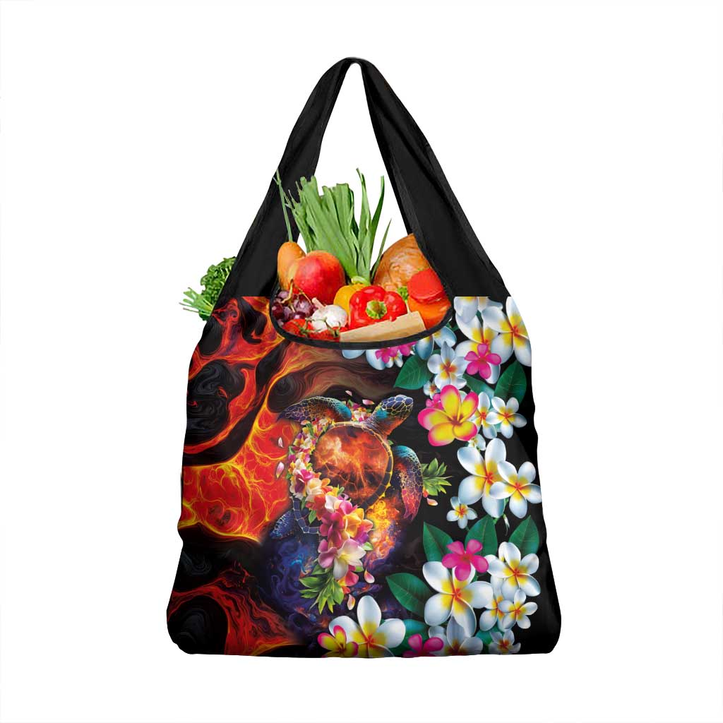 Hawaiian Lei Day Grocery Bag Colorful Plumeria and Volcanic Turtle with Abstract Lava Texture LT03 1-pack One Size Black - Polynesian Pride