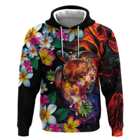 Hawaiian Lei Day Hoodie Colorful Plumeria and Volcanic Turtle with Abstract Lava Texture LT03 Pullover Hoodie Black - Polynesian Pride