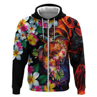 Hawaiian Lei Day Hoodie Colorful Plumeria and Volcanic Turtle with Abstract Lava Texture LT03 Zip Hoodie Black - Polynesian Pride