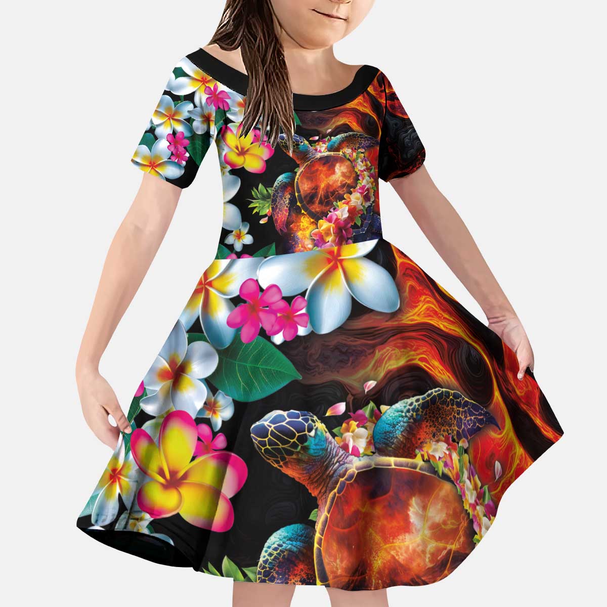 Hawaiian Lei Day Kid Short Sleeve Dress Colorful Plumeria and Volcanic Turtle with Abstract Lava Texture LT03 KID Black - Polynesian Pride