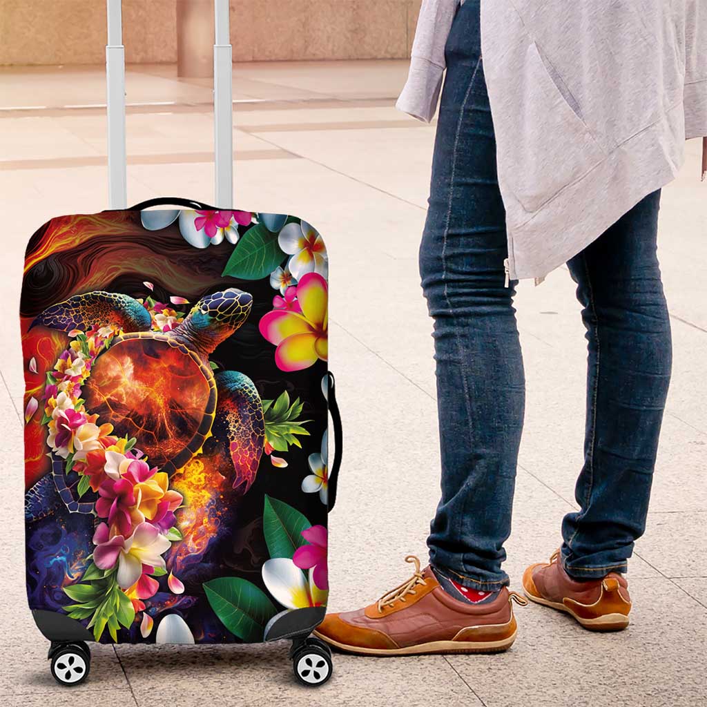 Hawaiian Lei Day Luggage Cover Colorful Plumeria and Volcanic Turtle with Abstract Lava Texture LT03 Black - Polynesian Pride